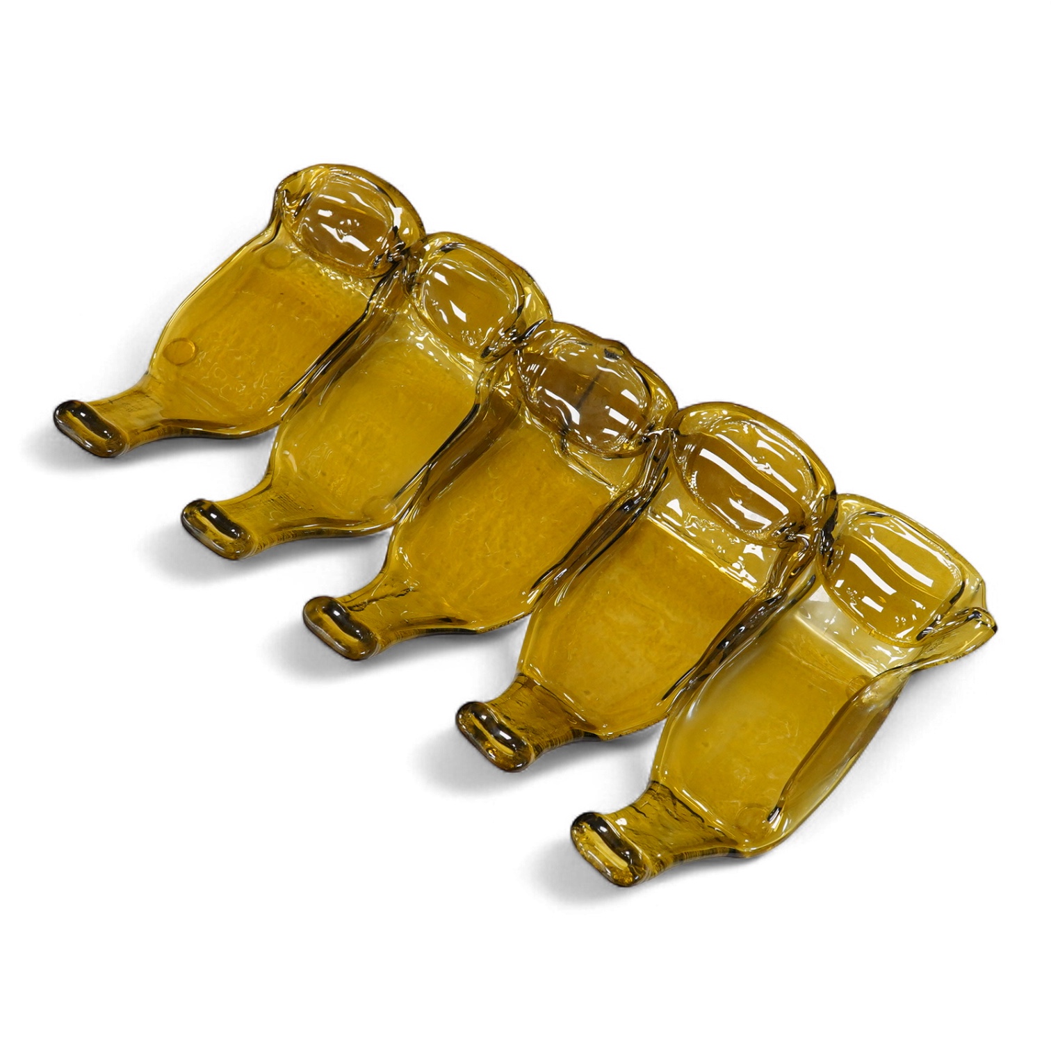 A Mary Canny five sectioned art glass ‘Amber bottle tray, 48cm wide x 24cm deep